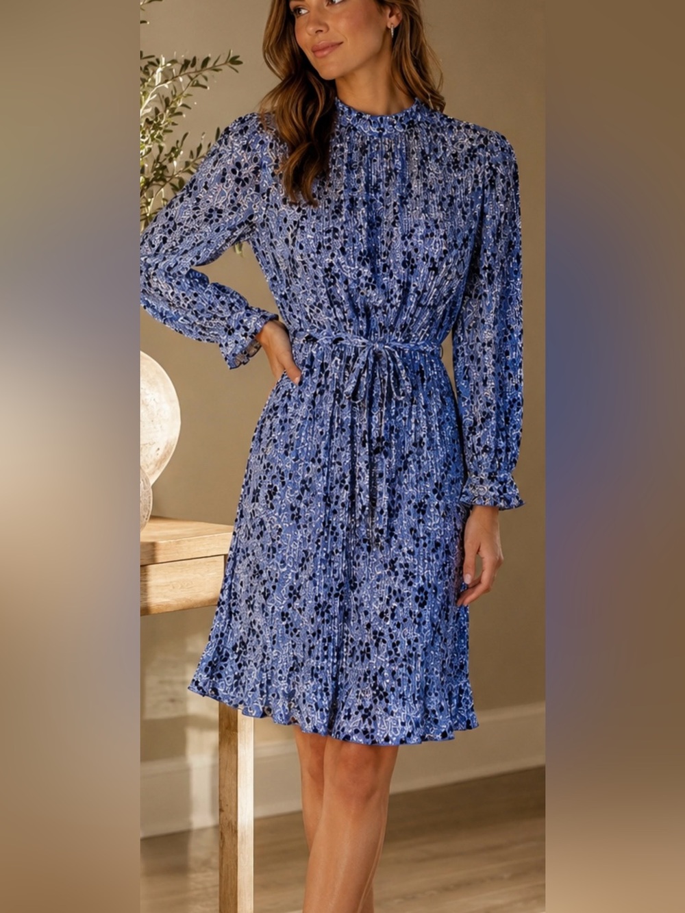 Ann Taylor Blue Floral Pleated Long-Sleeve Tie-Waist Dress